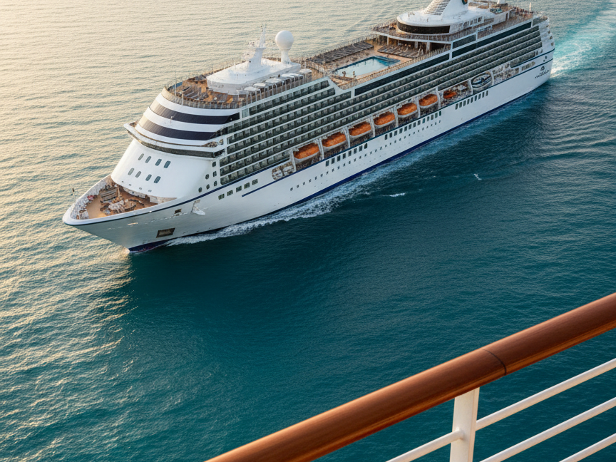 A gleaming white ocean cruise ship with deep navy accents glides across a calm turquoise sea, its tiered decks lined with neatly arranged lounge chairs, shaded cabanas, and a sparkling central pool. In the foreground, a polished teak railing and a neatly folded nautical map rest on a small table beside a pair of classic binoculars. Late afternoon golden-hour sunlight casts warm reflections on the water and highlights the ship’s clean lines and modern architecture. Photographic realism, captured from a slightly elevated angle with the ship framed in the upper third, crisp focus throughout, and a serene, professional mood that communicates luxury, order, and stress-free travel planning.